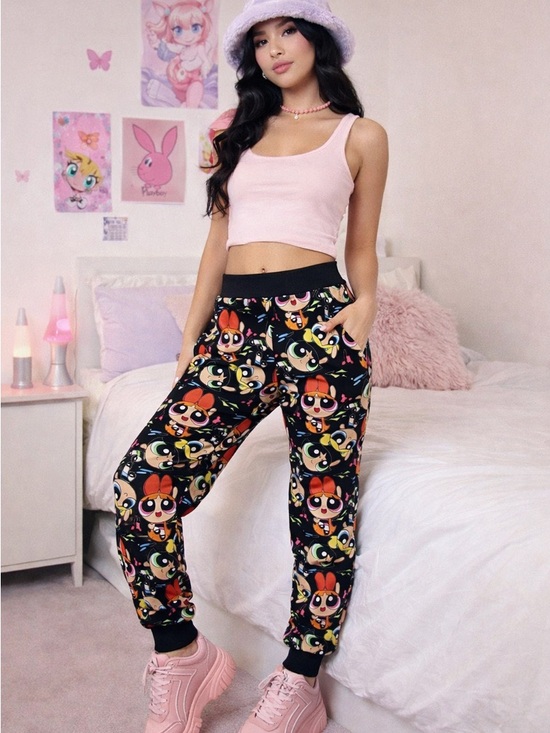 Powerpuff Girls Pants - Powerpuff Girls Allover Cartoon Print Joggers Black Y2K Lounge Pants Size M